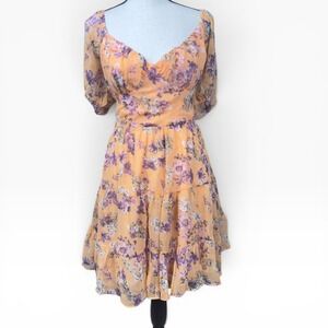 Petal + Pup Floral Mini Dress L Open Back Flowy Puff Sleeve Romantic Cottagecore